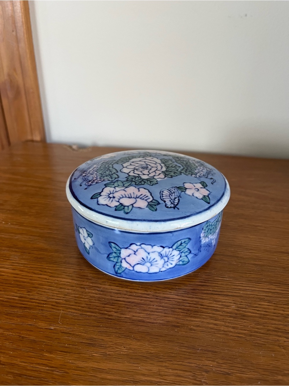 Blue Floral Ceramic Trinket Box - Decorative Home Art